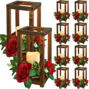 lot 13599 image: Hushee 30 Pcs Integrated Wedding Lantern Centerpiece Rustic Wooden Holder with Candles and Rings Farmhouse Candle Lantern Decor for Home Valentine Wedding Party Table Decor (Brown and Red)