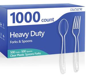 lot 13617 image: 1000 Count Plastic Silverware Heavy Duty - 500 Spoons, 500 Forks, BPA-Free, Heat Resistant, Disposable Plastic Utensils Set, Plastic Cutlery Set, Plasticware Bulk for Party