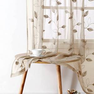 lot 14228 image: HOMEIDEAS Taupe Sheer Curtains 52 X 63 Inches Length 2 Panels Beige Embroidered Leaf Pattern Pocket Faux Linen Floral Semi Sheer Voile Window CurtainsDrapes for Bedroom Living Room