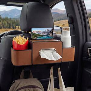 lot 14230 image: Jsqianfei Backseat Car Organizer, 4 in 1 Multifunctional Car Back Seat Storage Organizer with Tissue Box, 2 Cup Holders, Phone Stand and Hooks, Automotive Seat Back Organizers (Brown)