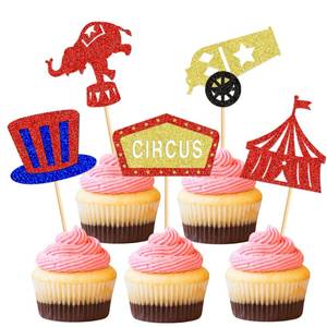 lot 14241 image: Ercadio 25 PCS Circus Cupcake Toppers Circus Animals Cupcake Picks Magic Hat Elephant Horse Cake Decorations for Carnival Theme Baby Shower Kids Birthday Party Decor Supplies