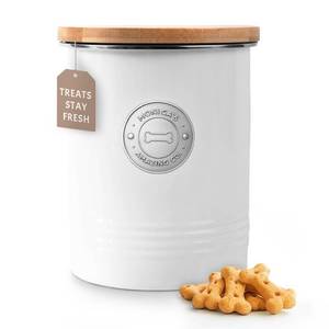 lot 14243 image: Airtight Dog Treat Container with Bamboo Lid - Durable Metal Canister for Countertop Storage - Cute Dog Treat Jar for Biscuits & Snacks