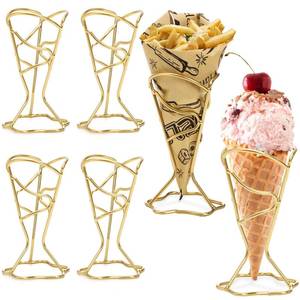 lot 14268 image: ELFULLY 4 Pack Ice Cream Cone Holders, Single Metal French Fries Stands, Individual Waffle Pizza Charcuterie Cone Holder, Food Cone Display Stands for Kitchen Restaurant Party Supplies, Golden
