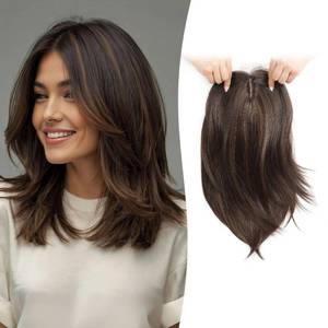 lot 15651 image: Megito Hair Topper 12inch Clip in Synthetic Hair Toppers for Women with Thinning Hair Layered 6.5X6.5 Big Base Toppers Hair Pieces for Women Natural Look Medium Brown with Highlights