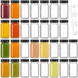lot 15658 image: 30 Pack 2 oz Glass Shot Bottles w Black Lids & 30 Labels - Small Clear Jar for Ginger, Wellness Shot, Juice, Sample, Whiskey - Travel Essentials Mini Bottles - Wide Mouth, Leakproof, Dishwasher Safe
