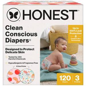 lot 15664 image: The Honest Company Comfort Dry Diapers, Hypoallergenic, Fragrance-Free, Sensitive Skin, Just Peachy  Flower Power, Super Club Box Size 3 (16��28 lbs), 120 Count