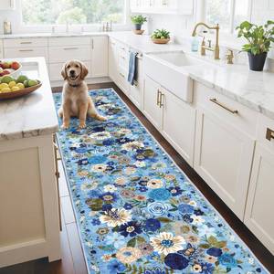 lot 15684 image: Floral Hallway Runner Carpet Non-Slip, 2x10 Washable Rug Ultra-Thin Soft for Hallways, Kitchen Mat Stain Resistant for Entryway Bathroom (2 x 10, Blue Garden)