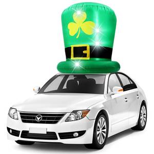 lot 15685 image: Leyndo 6FT St Patricks Day Inflatables Hat Car Roof Decorations, Blow up Leprechaun Hat with Gold Shamrock, Saint Patricks Day Inflatable with Built-in LED Lights for Yard Garden Lawn Decor