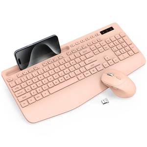 lot 15697 image: Trueque Wireless Keyboard and Mouse Combo - Full-Sized Ergonomic Keyboard with Wrist Rest, Phone Holder, Sleep Mode, Silent 2.4GHz Cordless Keyboards Mice Set for Computer, Laptop, PC, Windows (Pink)