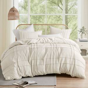 lot 16266 image: Comfort Spaces Neutral Cal King Size Duvet Cover Set - 3-pc Pintuck Pleated Duvet Cover, All Season Lightweight, Extra Softness Pre-Washed Microfiber Cal King Bed Cover Shams, Cal King