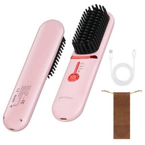 lot 16295 image: Cordless Hair Straightener Brush - Portable Hair Brush for Travel - 30s Fast Heating - Portable Straightening Brush for Travel, Mini Hot Straightening Comb for Women