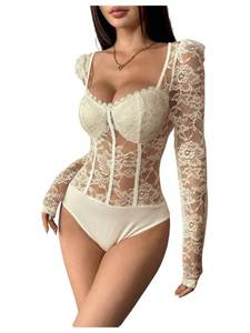 lot 16298 image: OYOANGLE Womens Floral Lace Long Sleeve V Neck Corset Mesh Leotard Bodysuit Sweetheart Neck Going Out Slim Fit Tops Jumpsuit Apricot X-Large