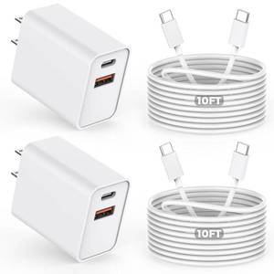 lot 16299 image: 10FT iPhone 1716e Fast Charger,2Pack 20W Dual Port USB CA Power Adapter 10Foot Long USB C to C Fast Charging Cable Cord Quick Charging for iPhone 17 Air17 Pro17 Pro Max1616 Pro1515 ProPro Max