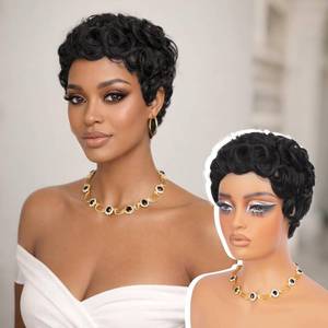 lot 16329 image: RUWISS Pixie Cut Wig Human Hair Curly Short Pixie Wigs for Black Women Glueless Human Hair Wig with Bangs for Daily Use Natural Short Bob Layered Wavy Human Hair Wigs for Black Women (Natural Black)