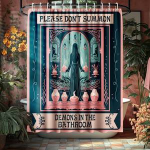 lot 16344 image: Koveni Witchy Shower Curtain Set with Hooks, 72x72 Inch Funny Spooky Bathroom Decor with Quote ��Don��t Summon Demons��, Waterproof Polyester Fabric, Halloween Witch Bathroom Accessories