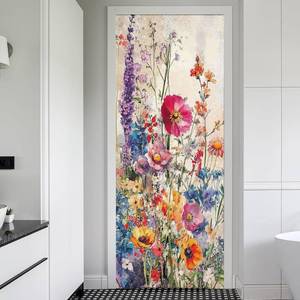 lot 16372 image: REDAMANCY Vintage Purple Pink Yellow Flowers Peel and Stick Door Stickers Vinyl 3D Door Mural Decals Decor Wallpaper Self-Adhesive, Waterproof, Removable