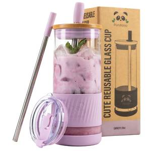 lot 16376 image: Pandaloo� Glass Cups With Lids and Straws -20 Fl Oz- Perfect Size Iced Coffee Cup - Smoothie Cup With Bamboo Lid and On the go Lid - Glass Tumbler With Straw (1 Count (Pack of 1), Lilac Rhapsody)