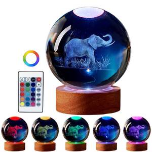 lot 16406 image: DIGFPWT Elephant Crystal Ball Lamp, 3.15 inch, Night Light with Wooden LED Base, Glass Ball with USB, Remote Control, 16 Color Change, Gift Box