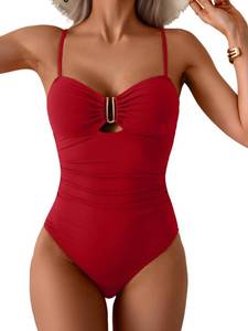 lot 18093 image: Eomenie One Piece Swimsuit for Women Tummy Control Ruched Bathing Suit Cutout U Wire Swim Suits Red M