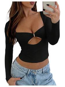 lot 18100 image: SHENHE Womens Low Cut Out Long Sleeve Shirts Ruched Sweetheart Neck Fitted Going Out Crop Tops Black Medium