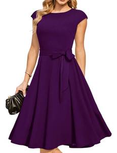 lot 18101 image: DRESSTELLS Cocktail Womens Dresses for Wedding Guest, Semi Formal Modest Easter Tea Party Ladies Fit and Flare Retro Midi Dress Grape Purple L