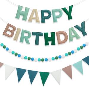 lot 18120 image: Mindsoft 3 Pcs Felt Happy Birthday Banner Set 8.2ft Pastel Happy Birthday Garland Triangle Bunting Pennant 6.5ft Pom Pom Ball Garland Sage Green Reusable Party Decorations for Women Men