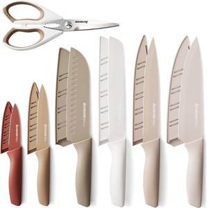 lot 18132 image: Astercook Knife Set, 13 Pieces Kitchen Knives Set with Healthy Anti-Rust Coating, Dishwasher Safe, Stainless Steel Chef Knife Sets with 6 Blade Guards, Perfect Holiday Gifts for Kitchen