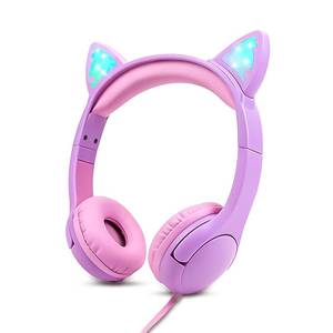 lot 18139 image: Olyre Kids Headphones, Safe 85db Volume Control Light Up Cat Ear Headphones for iPad Fire Tablet Kindle, On-Ear LED Children Headphones for School Learning Travel - PurplePink
