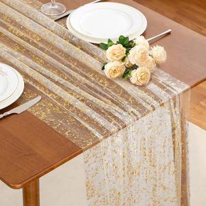 lot 18156 image: SiinvdaBZX 4 Pcs White Gold Table Runner 120 Inch 10 Ft, Sheer Gauze Tulle Sequin Golden Glitter Metallic Foil Table Runners for Dining Wedding Anniversary Party Birthday Christmas Thanksgiving