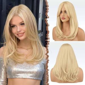 lot 18159 image: FESHFEN Blonde Wigs with Bangs - Long Layered Straight Light Blonde Natural Looking Synthetic Hair Wig for Women Daily Party Use, 18 inch
