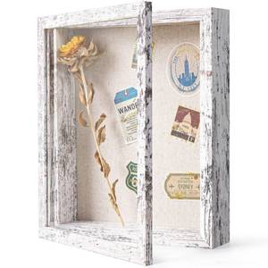 lot 18186 image: Califortree 8x10 Shadow Box Frame with Linen Back - Real Glass, Push Pins Included, Sturdy Rustic Memory Display Case, Fits 6.8x8.8 Inserts, Distressed White