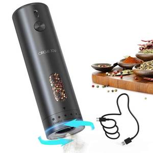lot 18200 image: CIRCLE JOY Electric Pepper Grinder Rechargeable, Automatic Pepper Mill with 110ml Container, External Adjustable Coarseness, White Led Light and One-Handed Operation, Black