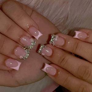 lot 18207 image: 24pcs Pink French Tip Press on Nails Short Fake Nails with 3D Flower Rhinestones Square Nail Tips Designs Silver Glitter Stick on Nails French False Nails Full Cover Glossy Glue on Nails for Women