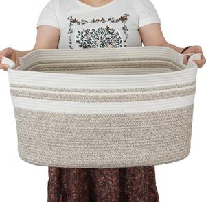 lot 19166 image: XUANGUO Large Rectangle Blankets Basket Living Room 22x17x12 Woven Cotton Rope Storage Baskets for Nursery Toy Baskets for Kids Wicker Laundry Basket Bin for Clothes Towels white brown