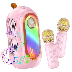 lot 19173 image: Olycism Mini Karaoke Machine for Kids & Adults with 2 Wireless Microphones Portable Karaoke Machine 2x5W Bluetooth Speaker Birthday Gift Toys Gifts for Kids Family Home Outdoor Party Pink