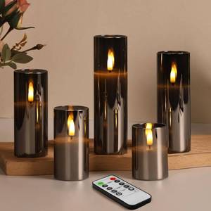 lot 19188 image: Eywamage 5 Pack Grey Glass Flameless Candles with Remote, Flickering Slim Tall LED Pillar Votive Candles Battery Included