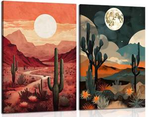 lot 19190 image: 2Pcs Sun Moon Desert Landscape Canvas Wall Art Day Night Western Wall Decor Southwest Boho Cactus Prints Nature Wilderness Painting Mid Century Modern Mountain Poster Pictures for Living Room Framed