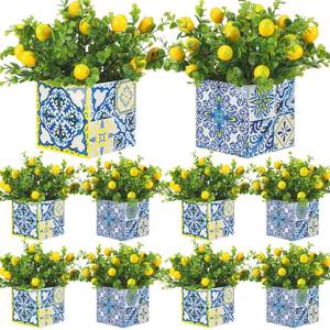 lot 19197 image: Giegxin Blue Tiles Lemon Table Centerpiece Decor Amalfi Coast Box Decorations with Artificial Lemon Branches for Capri Mediterranean Positano Wedding Birthday Party Decor(4 Sets)
