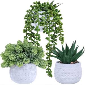 lot 19209 image: Winlyn 3 Pcs Assorted Small Potted Succulent Plants Artificial Aloe Hanging Succulent in White Geometric Concrete Ceramic Pots for Gift Party Wedding Favors Windowsill Table Shelf Indoor Outdoor Decor
