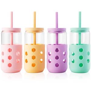 lot 19213 image: Mrsdry Glass Cups with Lids and Straws (4 Pcs), 16oz Drinking Glasses Set with Silicone Sleeves for Coffee Bar Accessories Iced Coffee Cups with Lids, Glass Tumbler Reusable for Gifts