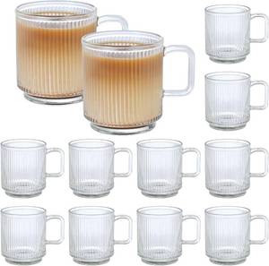 lot 19222 image: Catsayer 12 PACK Premium Glass Coffee Mugs with Handle, 12 OZ Classic Vertical Stripes Glass Coffee Cups, Transparent Tea Cup for HotCold Beverages, Glassware Set for Americano, Latte, Cappuccino (6 ONLY)