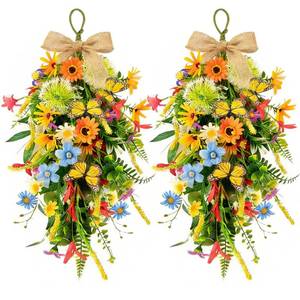 lot 19228 image: 2 PCS 24 Spring Summer Floral Teardrop Swags for Front Door Artificial Sunflowers Daisy Teardrop Swags Lavender Butterfly Swag Wreath Eucalyptus Hanging Swag for Farmhouse kitchen Cabinet Home Decor