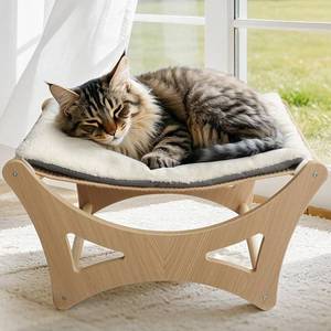 lot 19252 image: GreenPetopia Cat Hammock Bed, Wooden Elevated Cat Beds with Natural Sisal Scratching Mat, Cats Scratcher Bed with Removable Soft Cushion, Cats Scratching Beds with Wood Frames, 22 L x 17.7 W