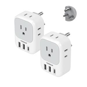 lot 20154 image: India Plug Adapter 2 Pack, TESSAN Type D Travel Adapter with 4 Outlets 3 USB Charger (1 USB C Port), US to Indian Outlet Adaptor for USA to Bangladesh, India, Kuwait, Maldives