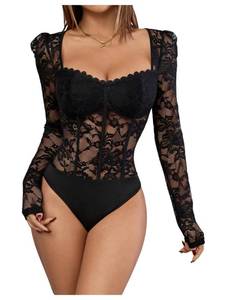 lot 20164 image: OYOANGLE Womens Floral Lace Long Sleeve V Neck Corset Mesh Leotard Bodysuit Sweetheart Neck Going Out Slim Fit Tops Jumpsuit Black X-Large