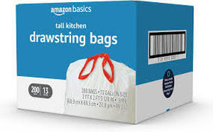 lot 11488 image: AmazonBasics 13 Gallon Tall Kitchen Drawstring Trash Bags 200 Count