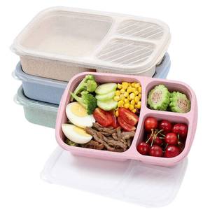 lot 3223 image: buluker 4 Pack Bento Lunch Box Set 3 Compartment Food Storage Containers Wheat Straw Meal Prep Lunch Box Plastic Food Storage Containers, Microwave and Dishwasher Safe (light colour)