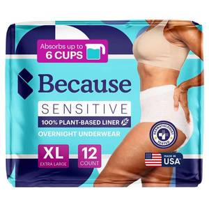 lot 3227 image: Because Adult Incontinence Underwear for Sensitive Skin - Women - Premium Overnight Disposable Briefs, Anti Odor - White, X-Large - Absorbs 6 Cups - 12 Count (Pack of 1)