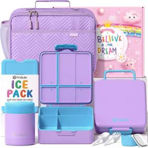 lot 3228 image: Fimibuke Kids Bento Snack Lunch Box with 4 Compartment, Insulated Lunch Bag, Stainless Steel Vacuum Thermo Food Jar, Ice Pack, Utensils Set, Birthday Gifts for Age 3-12 Back to School Toddler Girl Boy