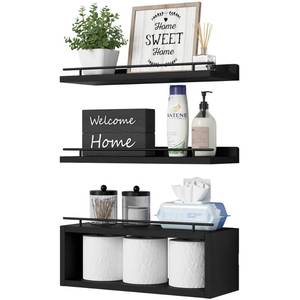 lot 3232 image: WOPITUES Floating Shelves for Wall with Cube Shelf, Wall Shelves with Metal Rail for Bathroom Decor, Bathroom Organizers and Storage, Over Toilet Shelves for Toilet Paper-Black